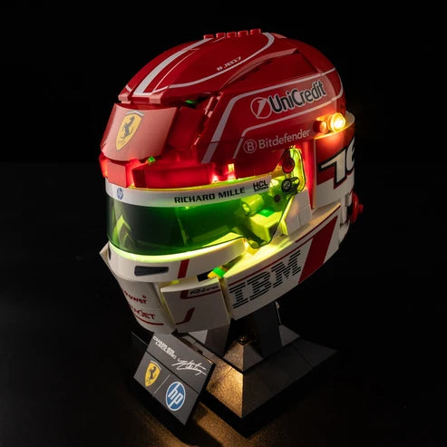 LEGO 43014 Scuderia Ferrari HP Charles Leclerc Helmet Mirror Acrylic Display Case with Ring Light & UV-Printed Background - Dustproof Showcase