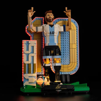 LEGO 43015 Lionel Messi - Soccer Legend Mirror Acrylic Display Case with Ring Light & UV-Printed Background - Dustproof Showcase