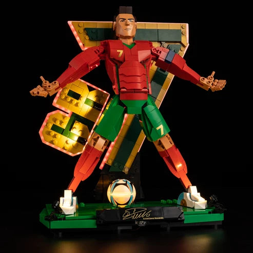 LEGO 43016 Cristiano Ronaldo - Soccer Legend Mirror Acrylic Display Case with Ring Light & UV-Printed Background - Dustproof Showcase