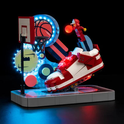 LEGO 43021 Nike Dunk Trickshot صندوق عرض أكريليك مرآة مع إضاءة حلقية وخلفية مطبوعة بالأشعة فوق البنفسجية - واجهة عرض مقاومة للغبار