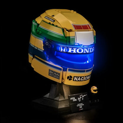 LEGO 43024 Ayrton Senna Helmet Mirror Acrylic Display Case with Ring Light & UV-Printed Background - Dustproof Showcase