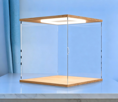 Premium 12mm Solid Wood LED Display Case with 3mm Thick Acrylic - Sliding Door Stackable Showcase with Top Rectangular Light - Luxury Protector for High-End Collectibles