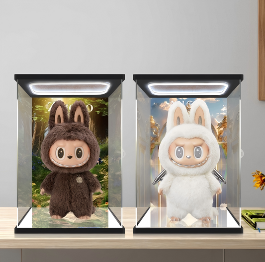 LED Lighted Acrylic Display Case with Sliding Door - Stackable Clear Showcase for Collectibles, Action Figures, Models - White Ring Light & Black Wood-Plastic Base - Scoparius case