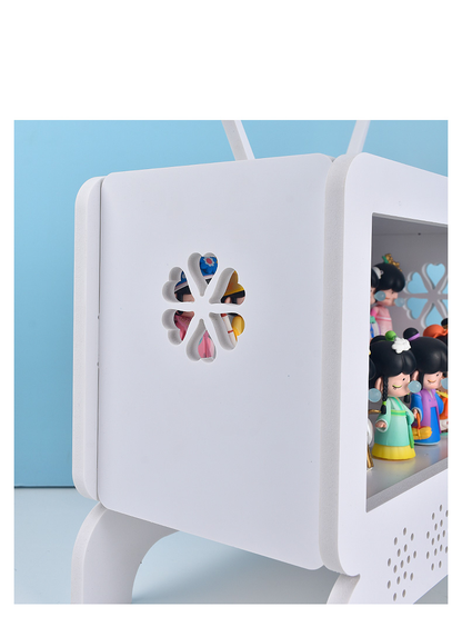 TV-BOX: Futuristic Pop Art Display Case - White Acrylic Showcase for Designer Toys & Trendy Collectibles - Creative "Live Show" Style Storage