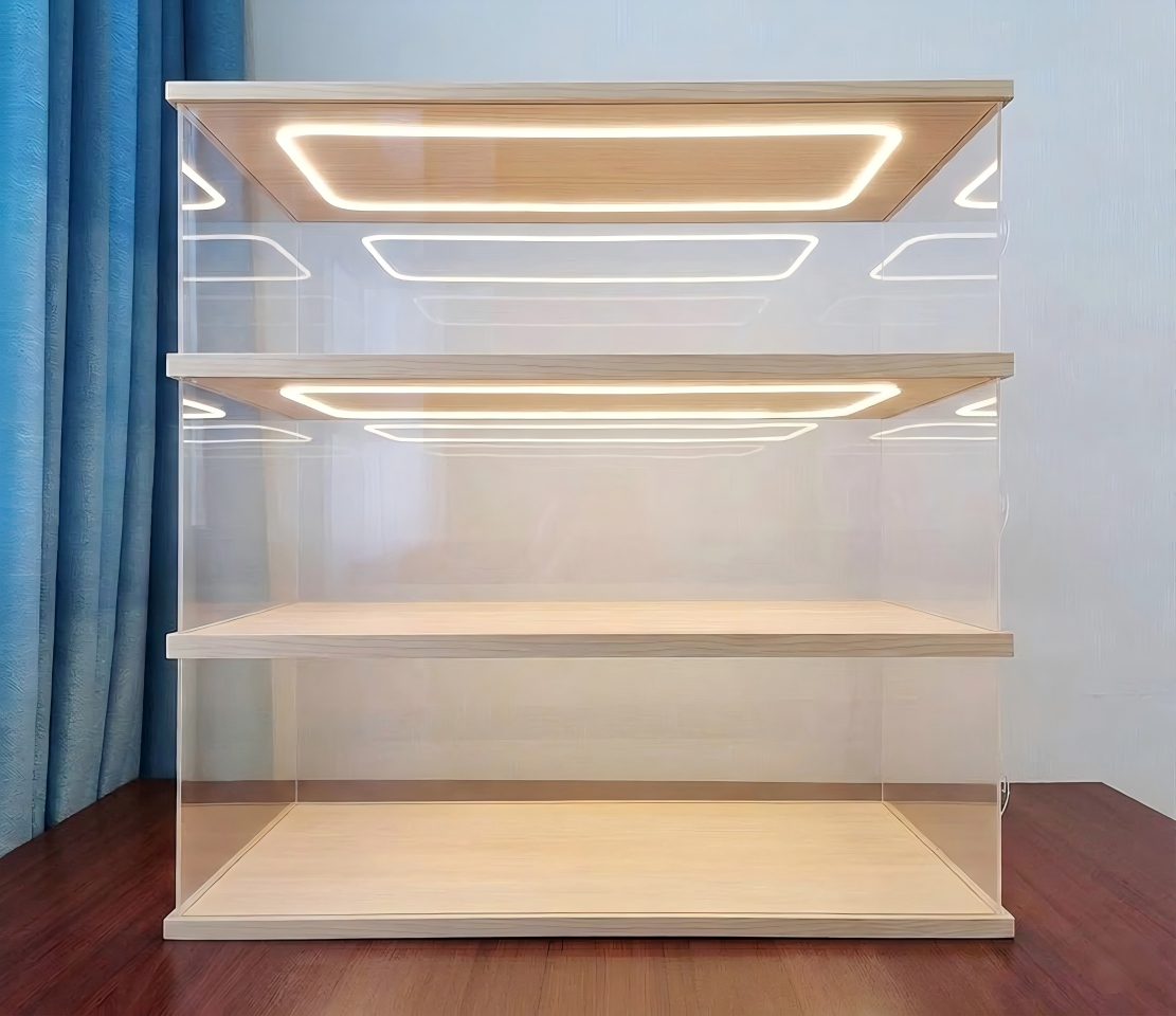 Premium 12mm Solid Wood LED Display Case with 3mm Thick Acrylic - Sliding Door Stackable Showcase with Top Rectangular Light - Luxury Protector for High-End Collectibles