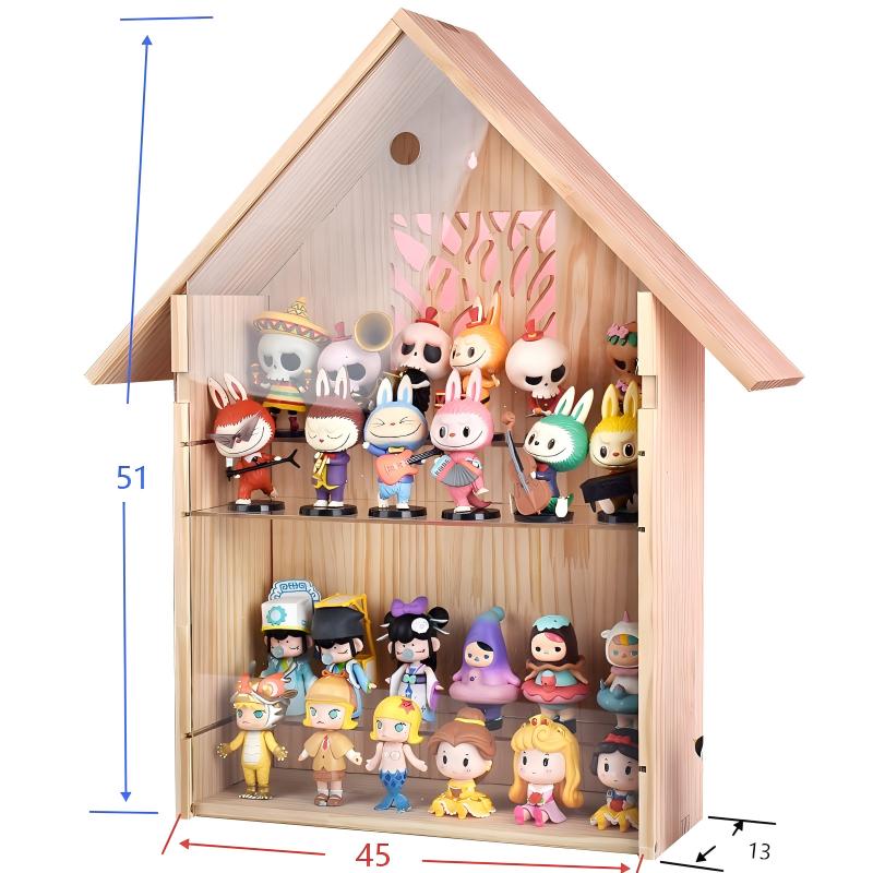 Wooden Villa Doll House Display Case - Wall-Mounted & Desktop Showcase with 10mm Solid Wood - Clear Storage with Compartments for Pop Mart, Figures & Miniatures