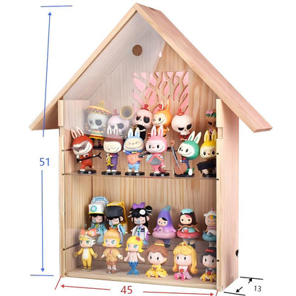 Wooden Villa Doll House Display Case - Wall-Mounted & Desktop Showcase with 10mm Solid Wood - Clear Storage with Compartments for Pop Mart, Figures & Miniatures