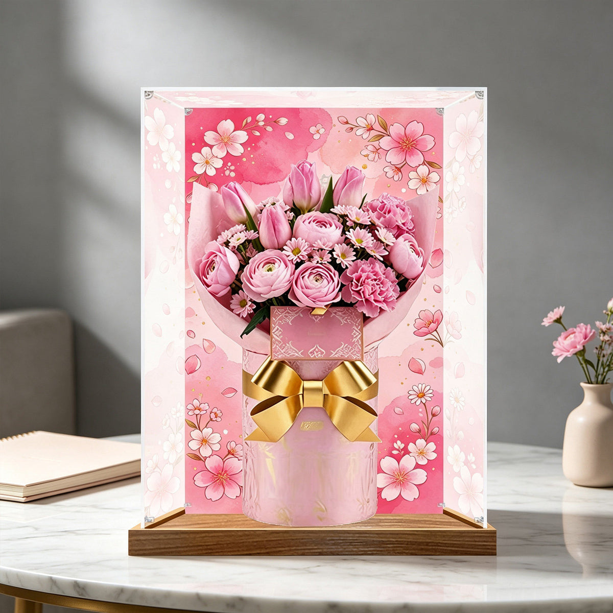 LEGO 10374 Bouquet of Pink Roses Mirror Display Case with Wood Grain Base and UV-Printed Themed Background