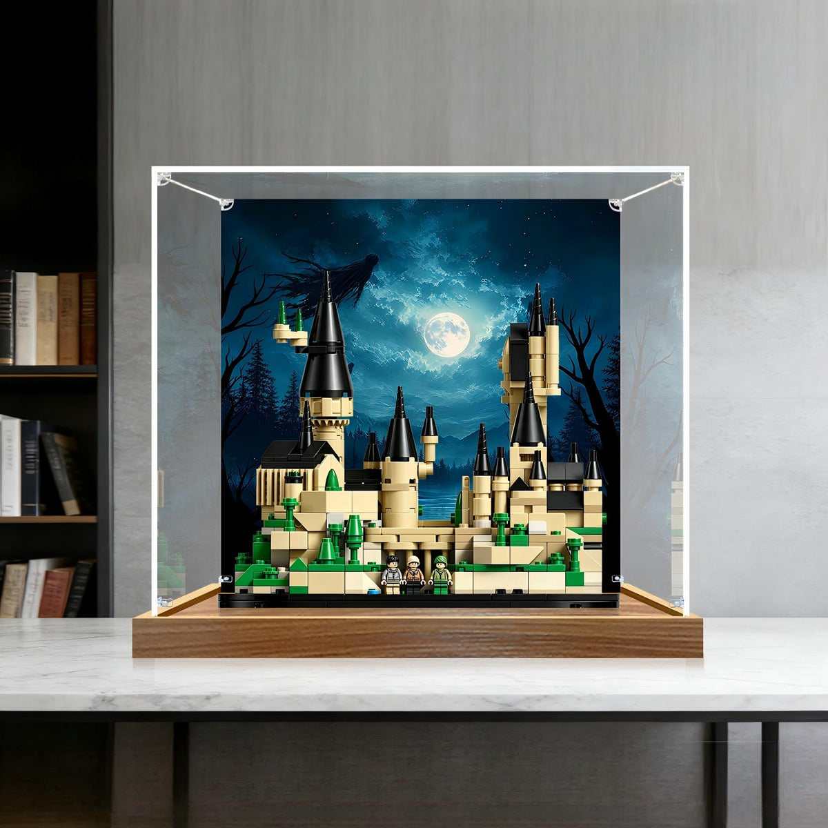 LEGO 40975 Mini Hogwarts Castle Mirror Display Case with Wood Grain Base and UV-Printed Themed Background