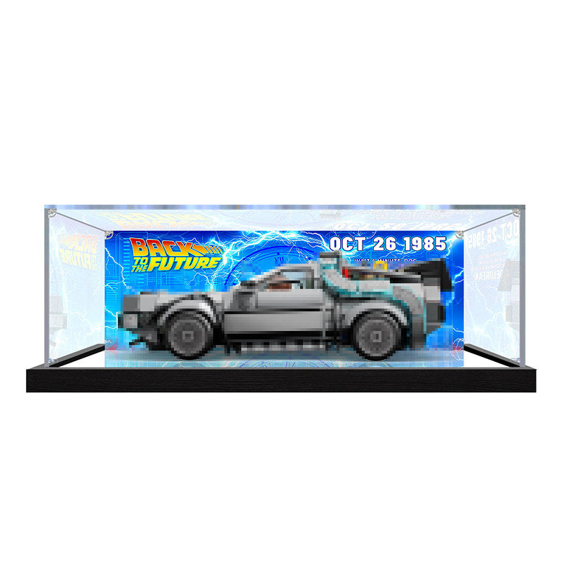LEGO 77256 Time Machine from Back to the Future Mirror Display Case with UV-Printed Themed Background