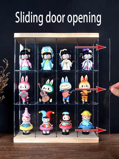 Sliding Door Acrylic Display Case, Wooden Base & Top Showcase, Dust-Proof Organizer for LEGO Speed Champions, Pop Mart Figures, and 1:64/1:32 Scale Cars