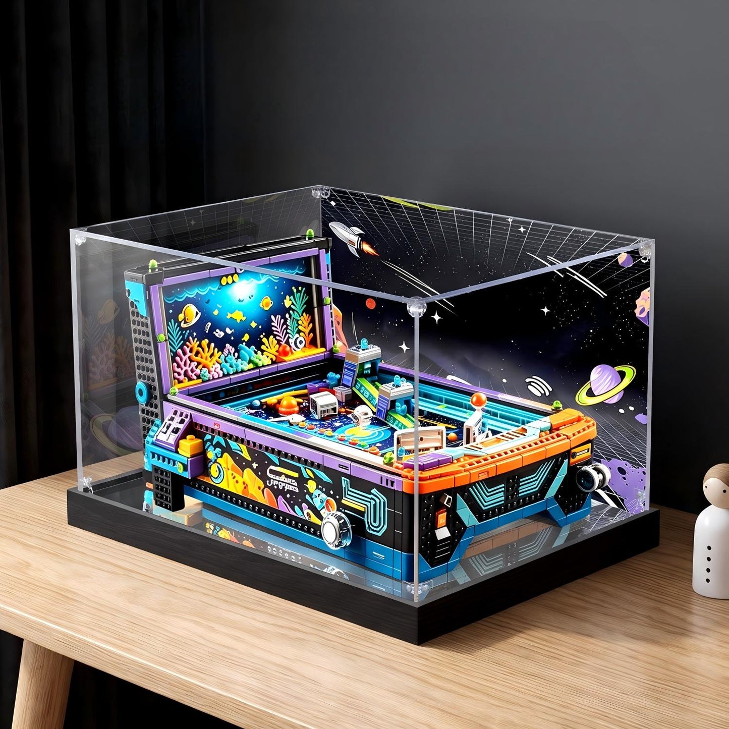 LEGO 11374 Arcade Pinball Machine Mirror Display Case with UV-Printed Themed Background