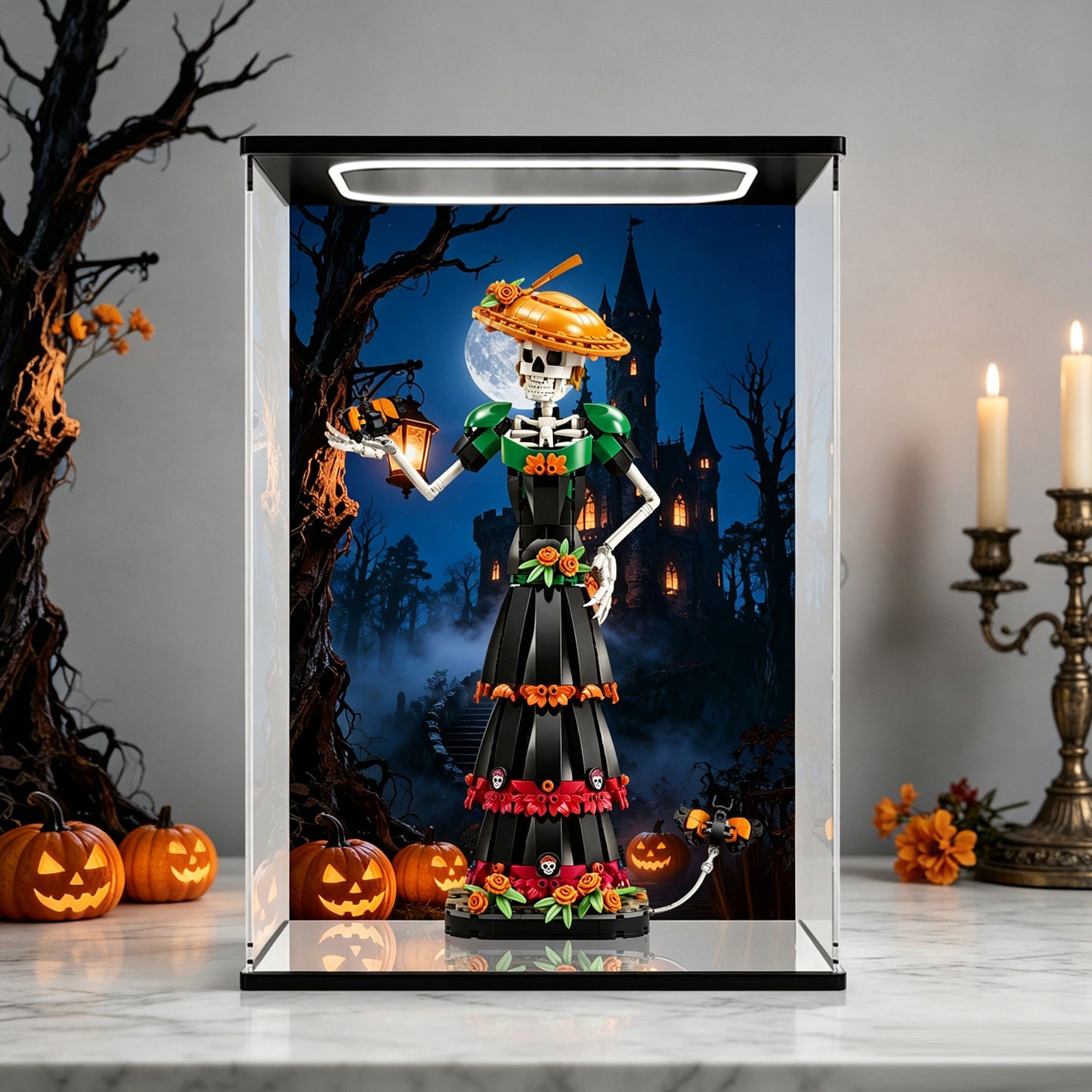 LEGO 21372 La Catrina Mirror Display Case with Ring Light and Themed Background