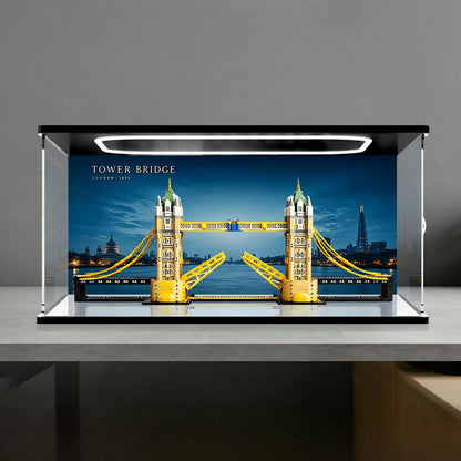 LEGO 21067 London Tower Bridge Mirror Display Case with Ring Light and Themed Background