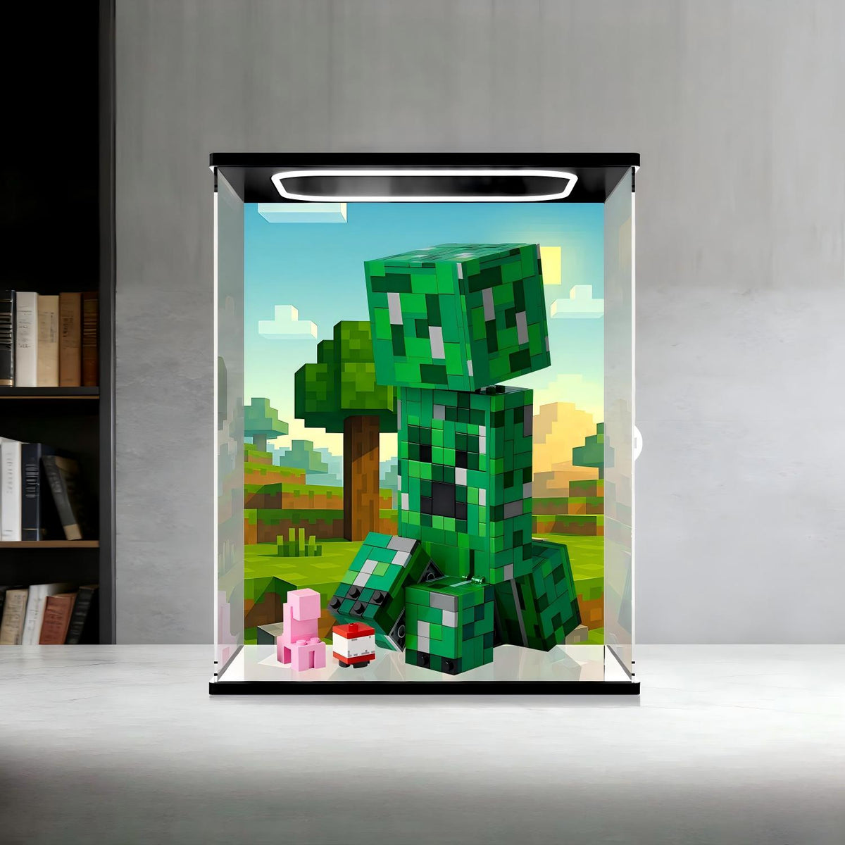 LEGO 21276 The Creeper Mirror Display Case with Ring Light and Themed Background