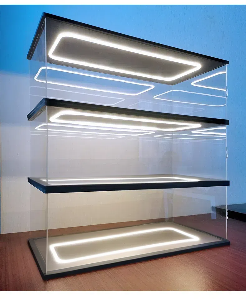 LED Lighted Acrylic Display Case with Sliding Door - Stackable Clear Showcase for Collectibles, Action Figures, Models - White Ring Light & Black Wood-Plastic Base