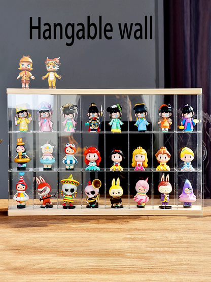 Sliding Door Acrylic Display Case, Wooden Base & Top Showcase, Dust-Proof Organizer for LEGO Speed Champions, Pop Mart Figures, and 1:64/1:32 Scale Cars