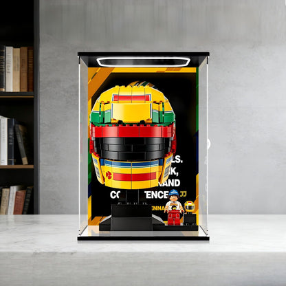 LEGO 43024 Ayrton Senna Helmet Mirror Display Case with Ring Light and Themed Background