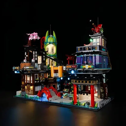 LEGO 71799 NINJAGO City Markets Mirror Acrylic Display Case with Ring Light & UV-Printed Background - Dustproof Showcase