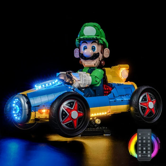LEGO 72050 Mario Kart - Luigi & Mach 8 Vetrina espositiva in acrilico specchiato con luce ad anello e sfondo stampato UV - Espositore antipolvere