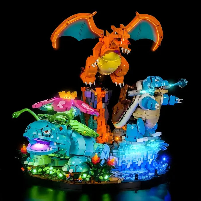 LEGO 72153 Venusaur, Charizard and Blastoise Mirror Acrylic Display Case with Ring Light & UV-Printed Background - Dustproof Showcase