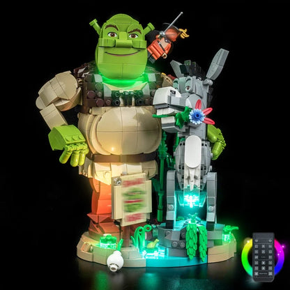 LEGO 72423 Shrek, Burro e Gato de Botas Vitrine de Acrílico com Espelho, Anel de Luz e Fundo Impresso em UV - Vitrine à Prova de Poeira