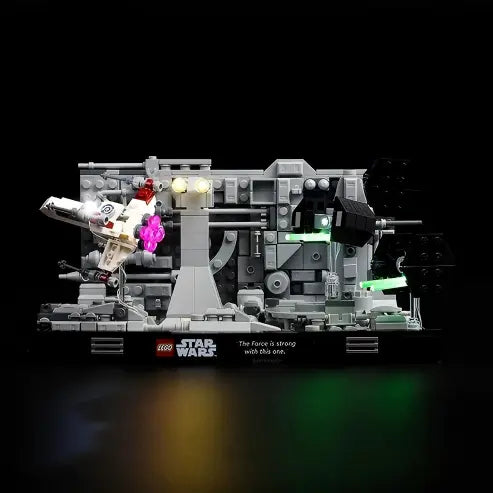 LEGO 75329 Death Star Trench Run Diorama Caixa de Exibição de Acrílico Espelhado com Luz de Anel e Fundo Impresso em UV - Vitrine à Prova de Poeira
