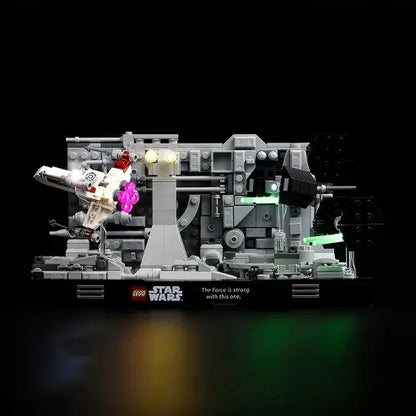 LEGO 75329 Death Star Trench Run Diorama Caixa de Exibição de Acrílico Espelhado com Luz de Anel e Fundo Impresso em UV - Vitrine à Prova de Poeira