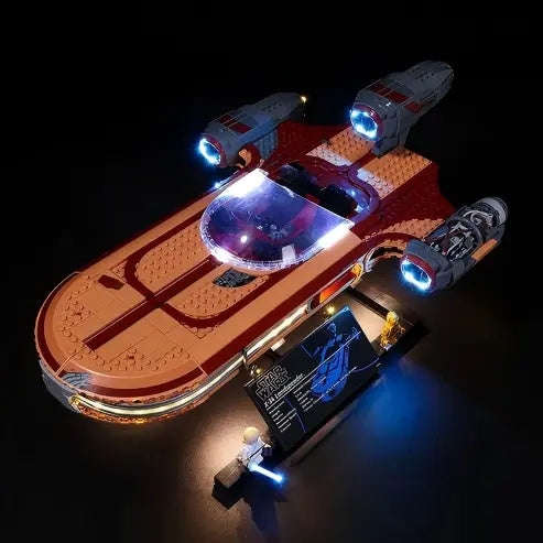 LEGO 75341 Vitrine de collection Luke Skywalker's Landspeeder en acrylique miroir avec anneau lumineux et fond imprimé UV - Présentoir anti-poussière