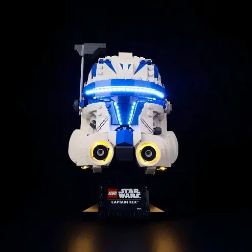 LEGO 75349 Captain Rex Helmet Mirror Acrylic Display Case with Ring Light & UV-Printed Background - Dustproof Showcase