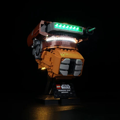 LEGO 75351 Capacete Princess Leia (Boushh) Caixa de Exibição Acrílica com Espelho com Luz de Anel e Fundo Impresso em UV - Vitrine à Prova de Poeira