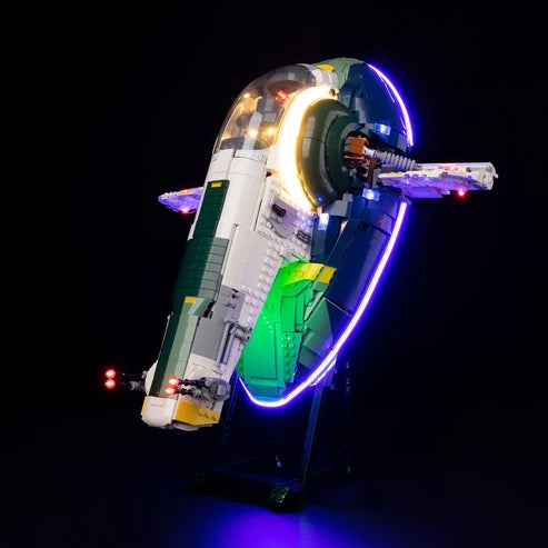 LEGO 75409 Jango Fett's Firespray-Class Starship - UCS Vetrina espositiva in acrilico a specchio con luce ad anello e sfondo stampato UV - Espositore antipolvere
