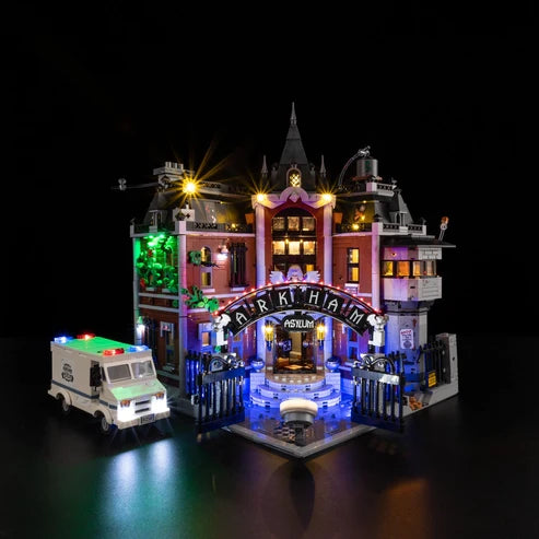 LEGO 76300 Arkham Asylum Mirror Acrylic Display Case with Ring Light & UV-Printed Background - Dustproof Showcase