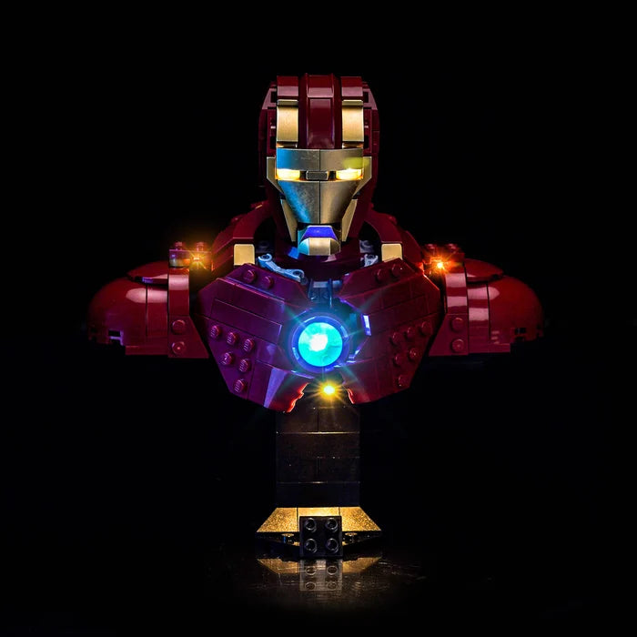 LEGO 76327 Iron Man MK4 Busto Vitrina de Exhibición de Acrílico Espejo con Anillo de Luz y Fondo Impreso en UV - Vitrina a Prueba de Polvo