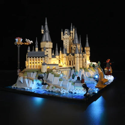LEGO 76419 Hogwarts Castle and Grounds Mirror Acrylic Display Case with Ring Light & UV-Printed Background - Dustproof Showcase