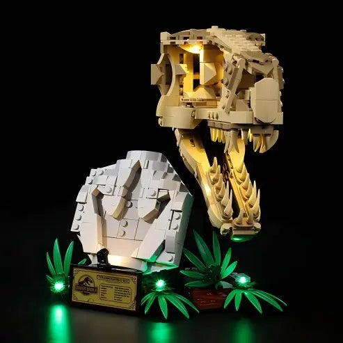 LEGO 76964 Dinosaur Fossils: T. rex Skull Mirror Acrylic Display Case with Ring Light & UV-Printed Background - Dustproof Showcase