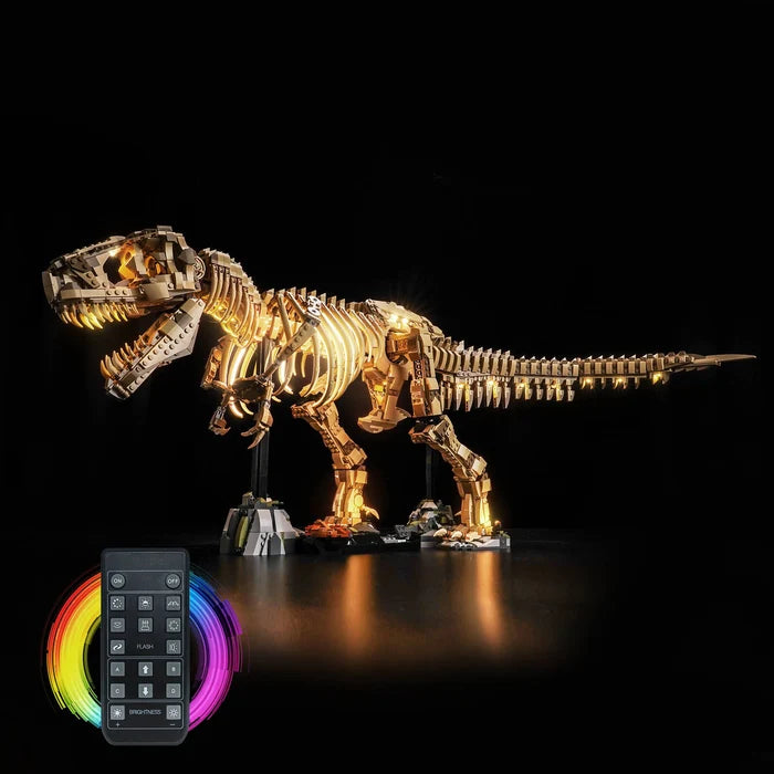 LEGO 76968 Dinosaur Fossils: T. rex Skull Mirror Akryl Display Etui med Ringlys & UV-printet Baggrund - Støvtæt Vitrine