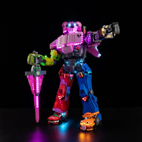 LEGO 77078 Mecha Team Leader حافظة عرض أكريليك مرآة مع ضوء حلقي وخلفية مطبوعة بالأشعة فوق البنفسجية - واجهة عرض مقاومة للغبار
