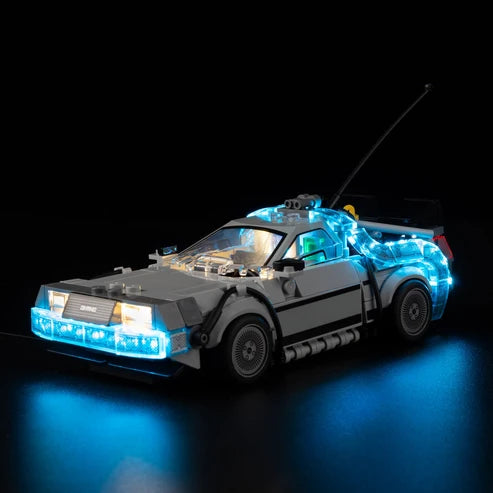 LEGO 77256 Time Machine from Back to the Future Mirror Acrylic Display Case with Ring Light & UV-Printed Background - Dustproof Showcase