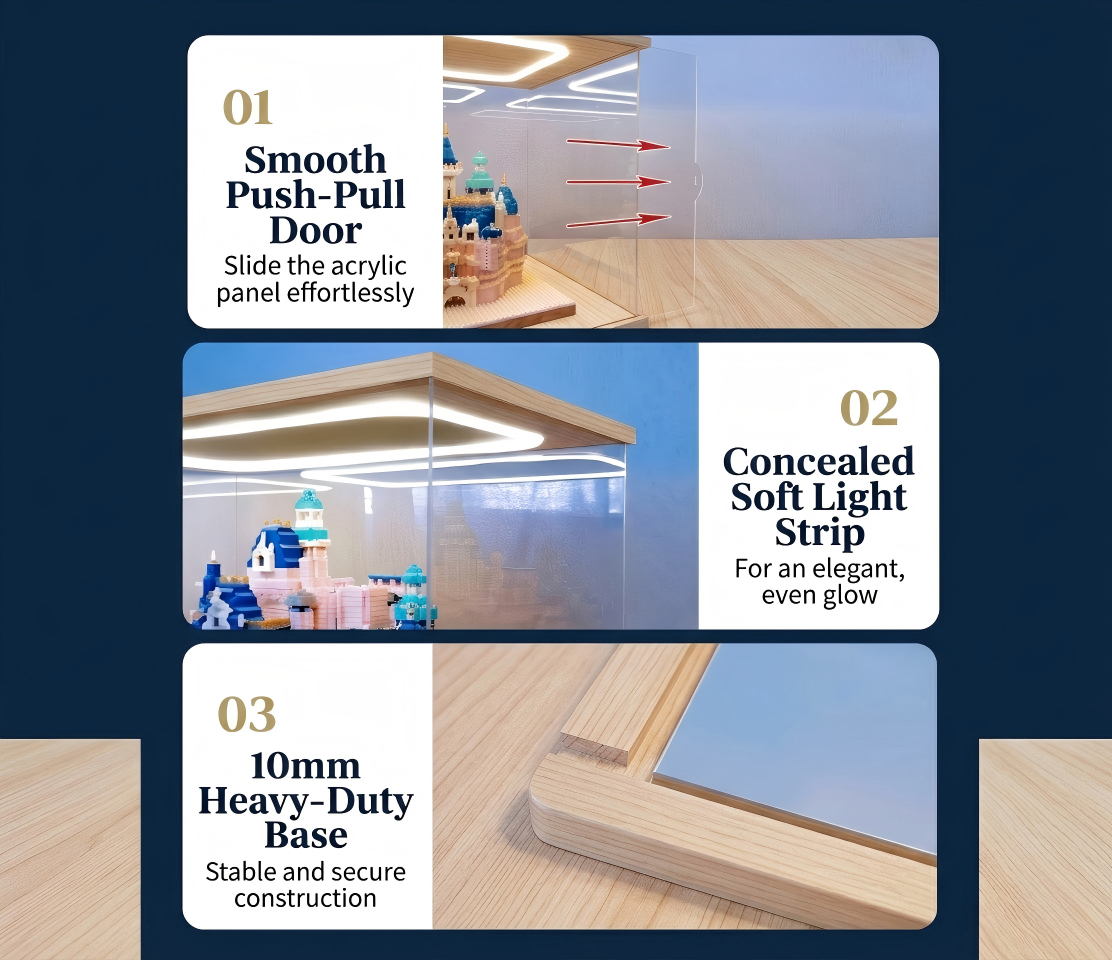 Premium 12mm Solid Wood LED Display Case with 3mm Thick Acrylic - Sliding Door Stackable Showcase with Top Rectangular Light - Luxury Protector for High-End Collectibles