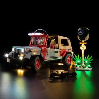 LEGO 77984 Jurassic Park Jeep Wrangler Mirror Acrylic Display Case with Ring Light & UV-Printed Background - Dustproof Showcase