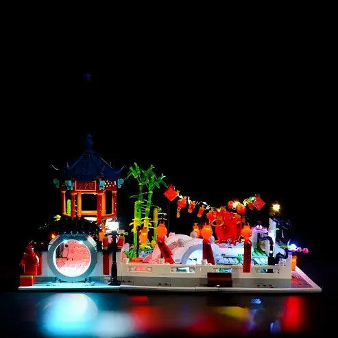 LEGO 80107 Caixa de Exposição de Acrílico com Espelho para Festival de Lanternas de Primavera com Luz de Anel e Fundo Impresso em UV - Vitrine à Prova de Poeira