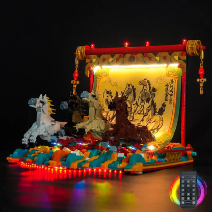 LEGO 80119 Galloping Horses Canvas Mirror Acrylic Display Case con Ring Light e Sfondo Stampato UV - Vetrina Antipolvere