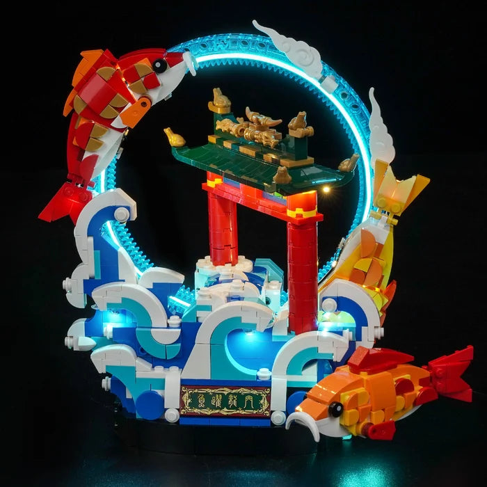 LEGO 80120 Prosperity Carp Leaping Mirror Acrylic Display Case with Ring Light & UV-Printed Background - Dustproof Showcase