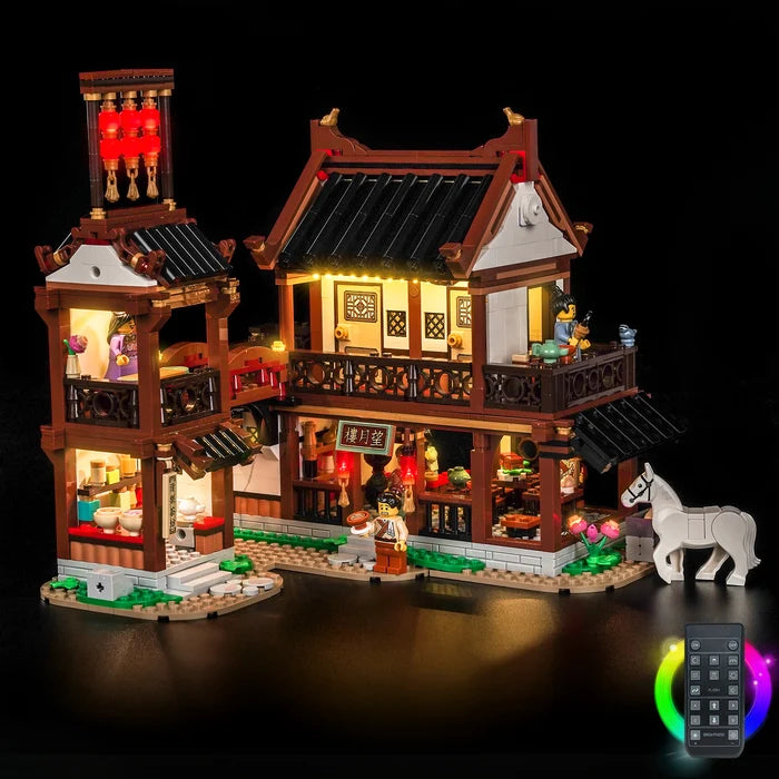 LEGO 80121 Antikes Mondblick-Gasthaus Spiegel-Acryl-Ausstellungsvitrine mit Ringlicht & UV-bedrucktem Hintergrund - Staubdichte Vitrine