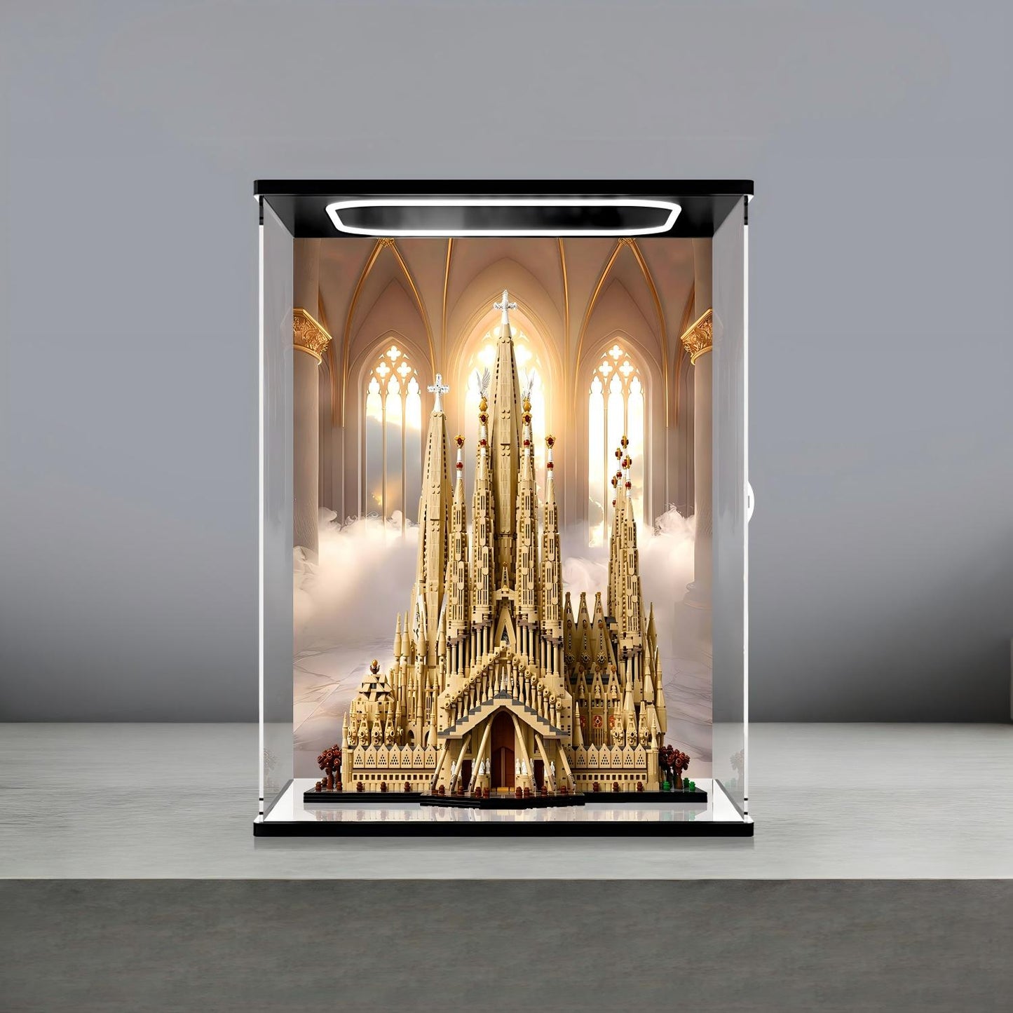 LEGO 21065 Sagrada Família Mirror Display Case with Ring Light and Themed Background