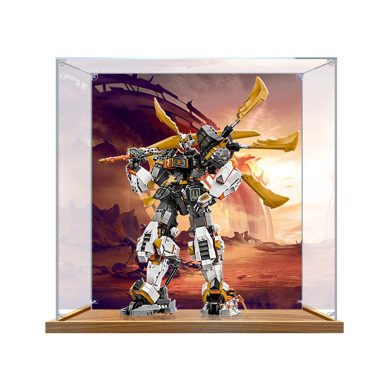 LEGO 71821 Cole's Titan Dragon Mech Mirror Display Case with Wood Grain Base and UV-Printed Themed Background