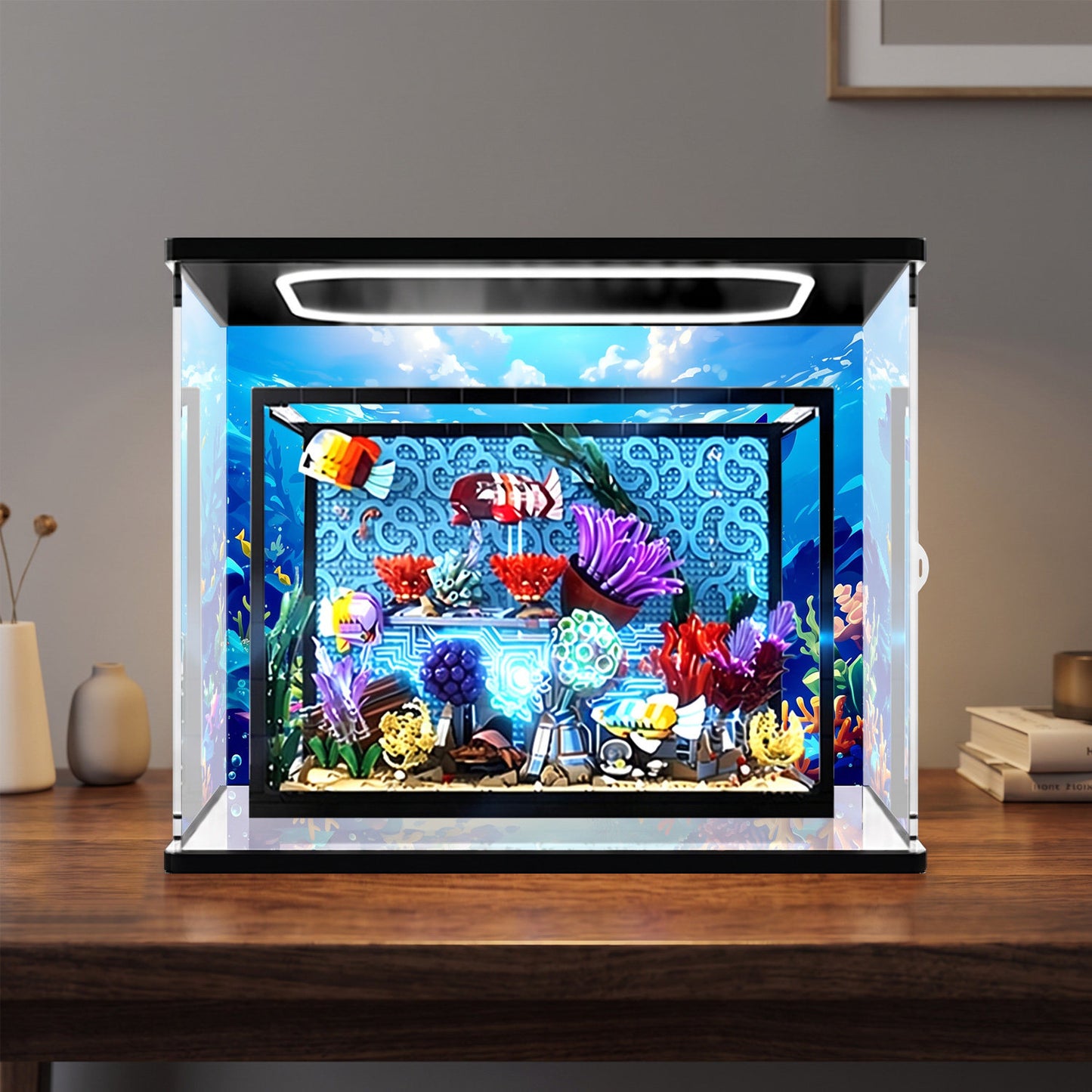 LEGO 10366 Tropical Aquarium Mirror Display Case with Ring Light and Themed Background