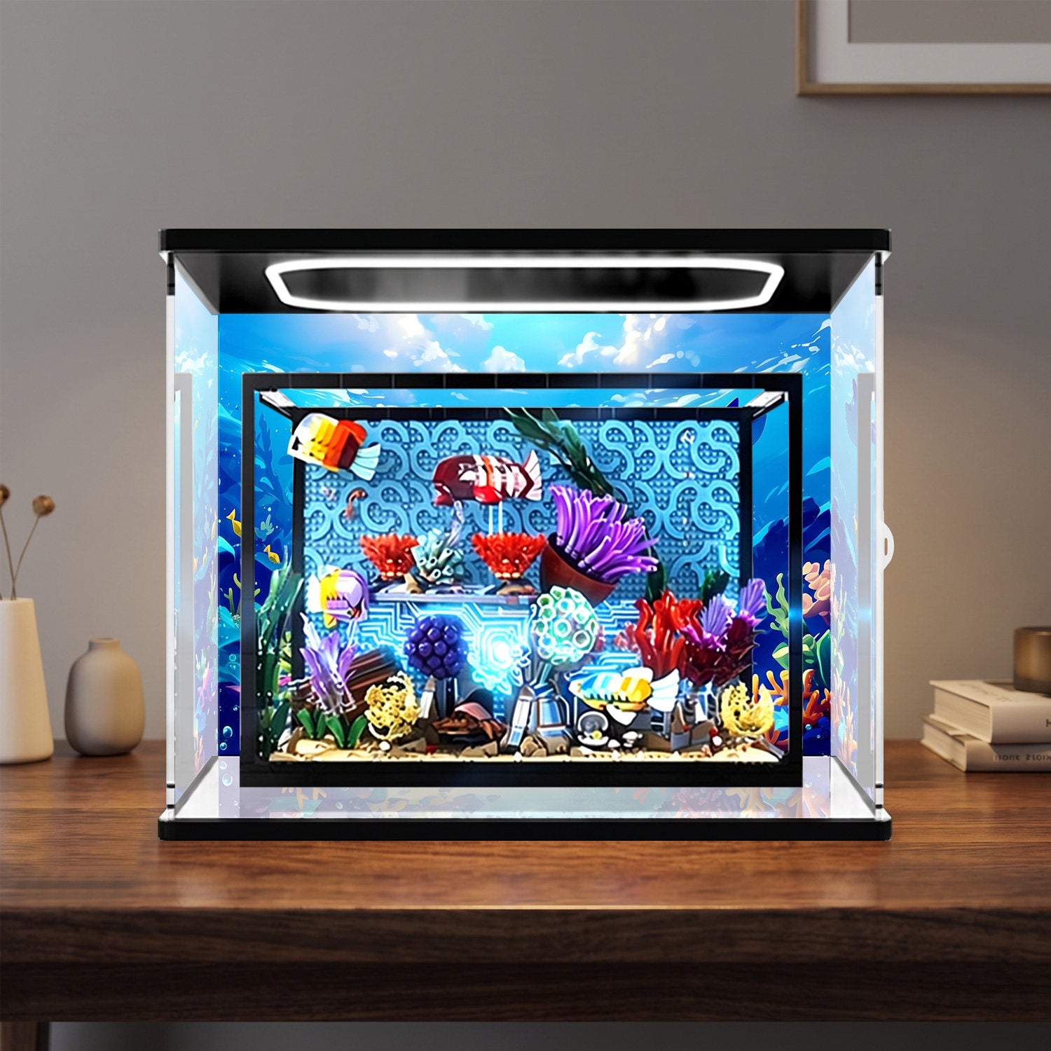 LEGO 10366 Tropical Aquarium Mirror Display Case with Ring Light and Themed Background