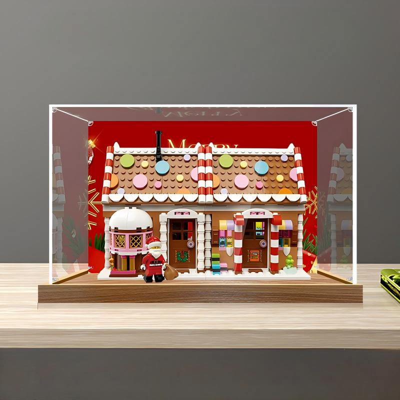 LEGO 40809 Festive Gingerbread House Mirror Display Case with Wood Grain Base and UV-Printed Themed Background